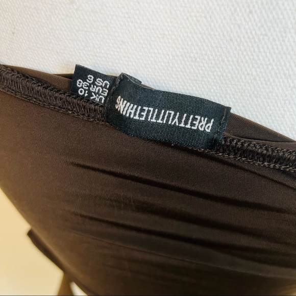 PrettyLittleThing Chocolate Brown Slinky Ruched Bardot Top & Mini Skirt Set - Picture 5 of 10